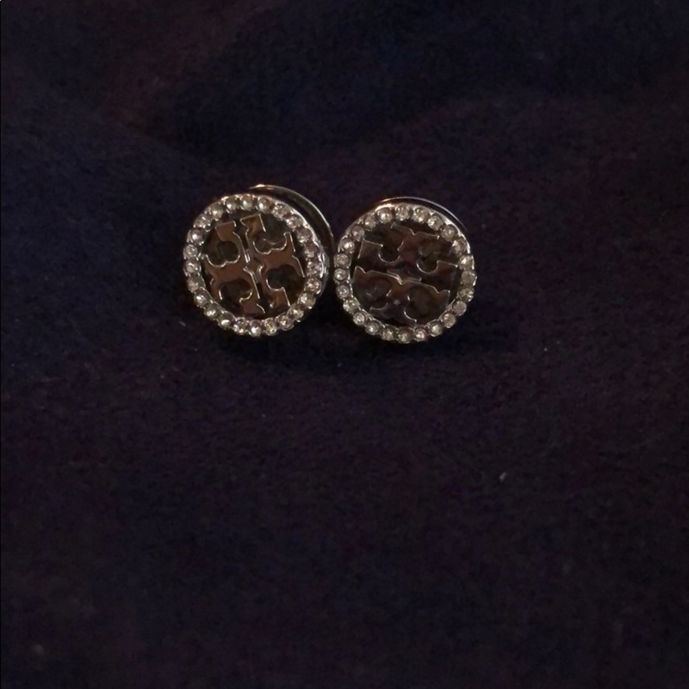 Tory Burch crystal silver logo earrings
